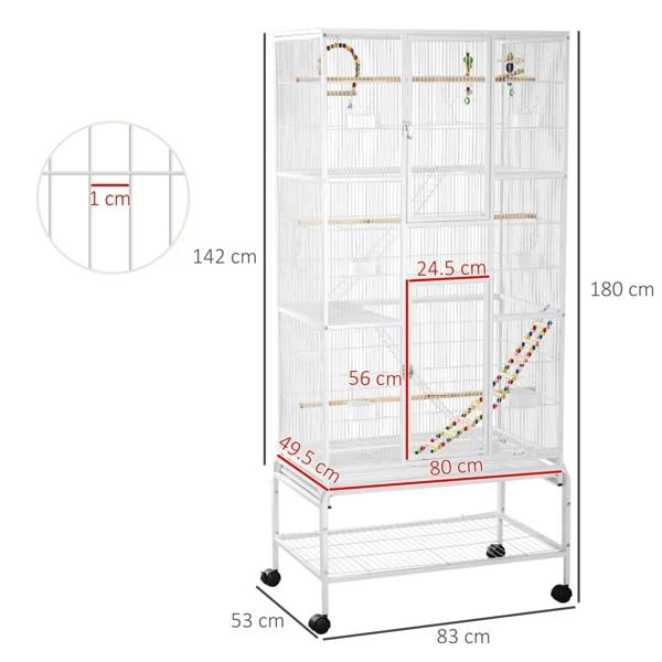 White 3-tier bird aviary cage with wheeled base and size measurements