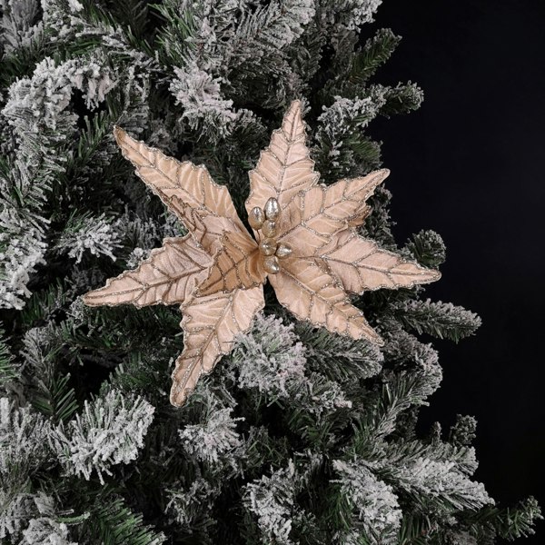 Samuel Alexander 50cm Champagne Velvet Poinsettia Stem with Glitter Christmas Decoration