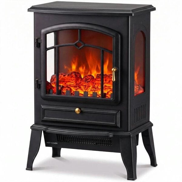 Electric Fireplace Stove, 1000/2000W 3-Sided Freestanding Fireplace Heater with 3D Flame Log, Thermostat, Black