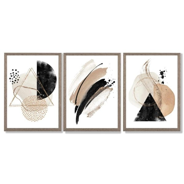 Artze Wall Art Abstract Black Beige Set of 3 Watercolour Shapes Framed Wall Art