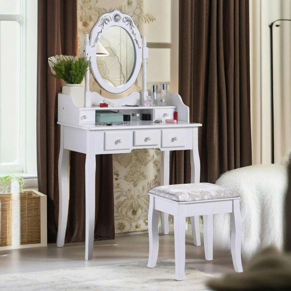 Rafaelo Mobilia 5 Drawer White Dressing Table With Round Mirror And Stool