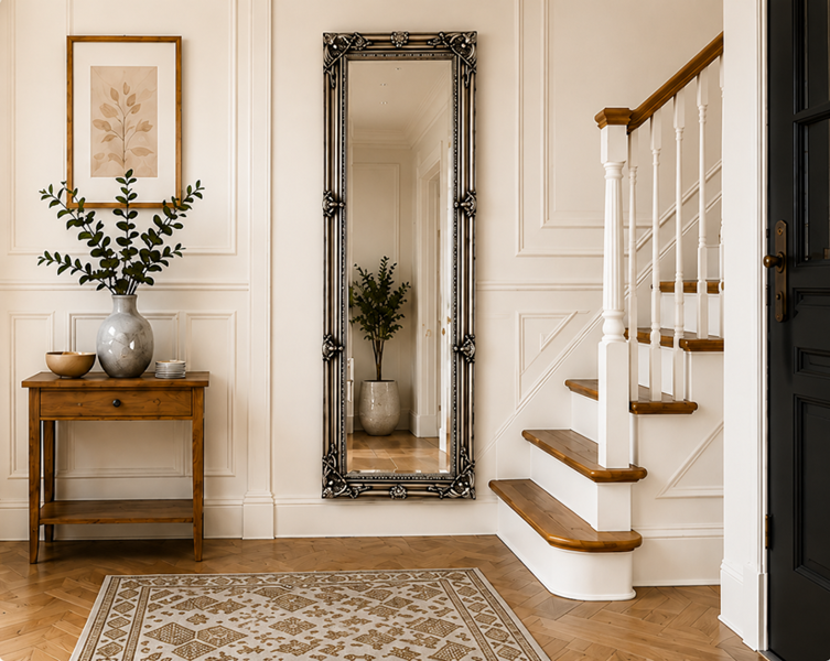 Downton Interiors Antique Silver Tall Ornate Dressing Wall Mirror with Bevelled Glass 142cm