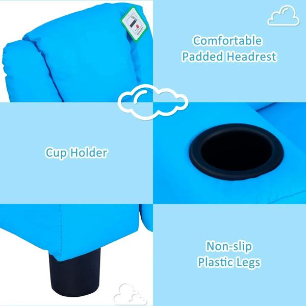 Blue recliner chair detail with padded headrest, cup holder opening, and plastic legs