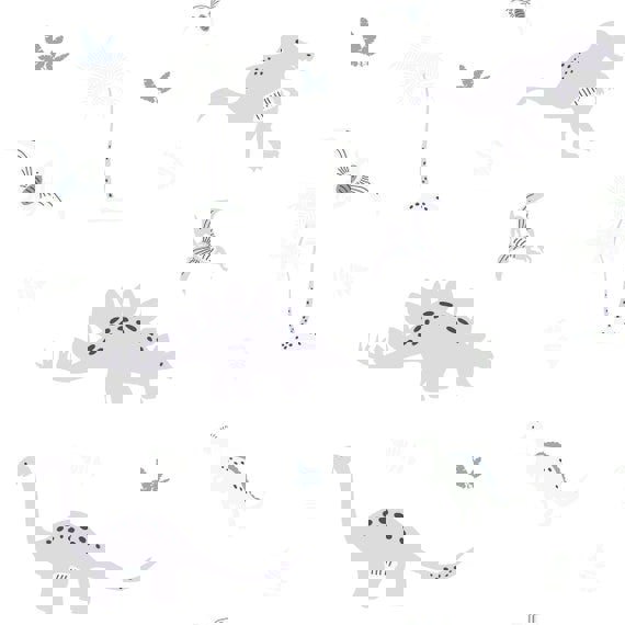 Dinosaurs in soft greys on a white background, children's bedroom and nursery decor. Big Little Bedrooms. Free Shipping. 