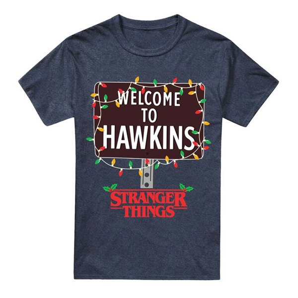 Stranger Things Unisex Adult Welcome To Hawkins Heather Christmas T-Shirt - Navy