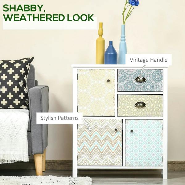 White sideboard with multi-color patterned drawer fronts and vintage-style bronze handles