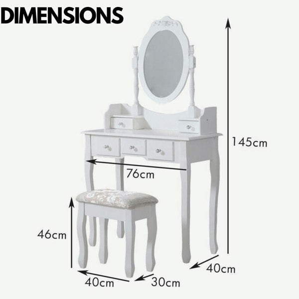 Rafaelo Mobilia 5 Drawer White Dressing Table With Round Mirror And Stool