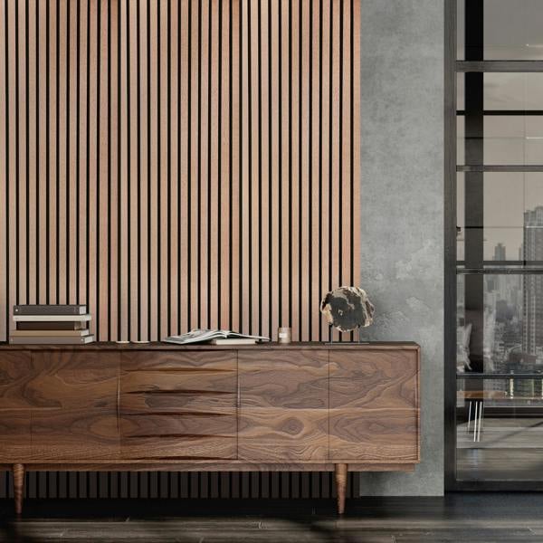 Fuse Acoustic Wooden Slatted Wall Panel in Brushed Copper, 2.4m x 0.6m