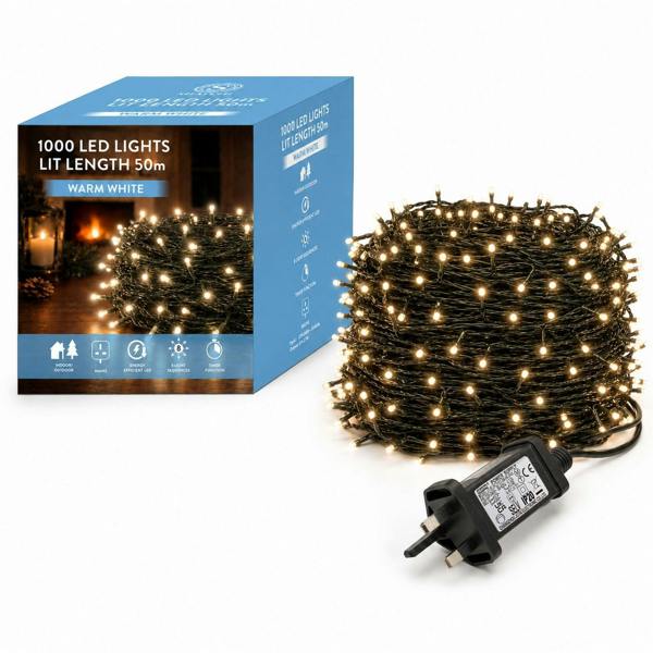 Warm White Fairy String Lights, Mains Powered, Green Cable, 8 Modes and Auto Timer - 200 to 1000 LEDs image 1