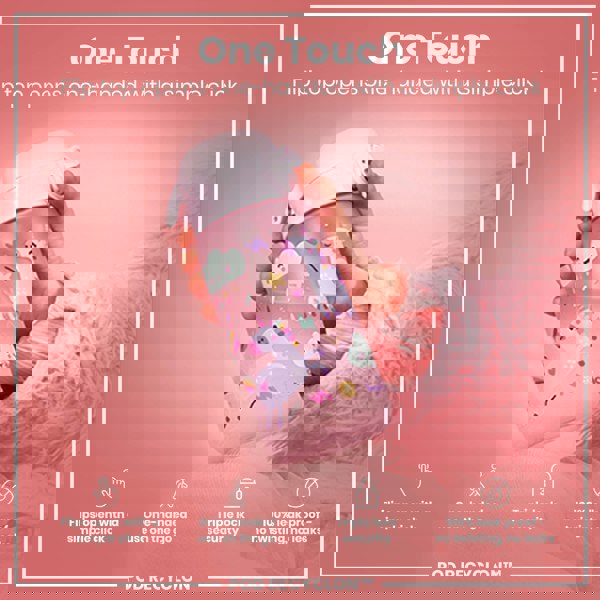 A pink children's water bottle, featuring unicorns, is held; its flip top opens with a single click. The bottle is shown against a pink background. “One Touch. Flip top opens one-handed with a simple click.” Additional features include: “Flips open with a simple click,” “One-handed use on the go,” “Triple lock security,” and “100% leak proof – no twisting, no leaks.” POD RECYCLON™