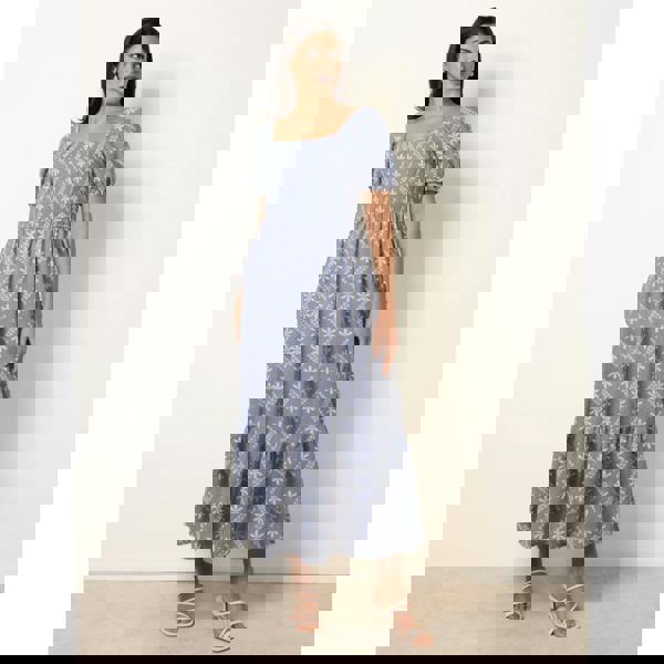 Blue Vanilla Embroidery Puff Sleeve Midi Dress