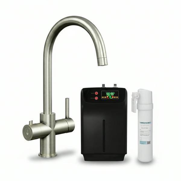 Modern brushed steel boiling water tap on white background with boiler and carbon filter