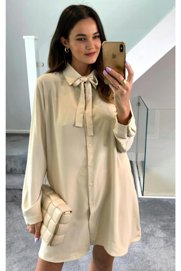 Hoxton Gal Oversized Tie Detailed Shirt Tunic with Long Sleeves in Beige