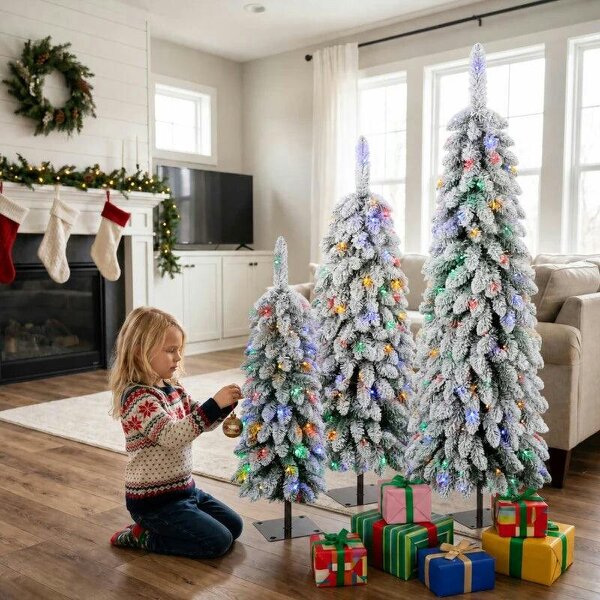 Bobobiy Artificial Christmas Tree Set of 3, Snowy Pre-Lit Christmas Tree with PVC Branch Tips, 90/120/150 cm, Green White
