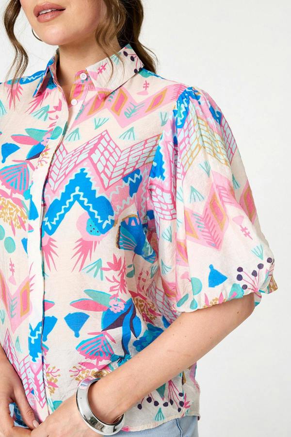Blue | Abstract 1/2 Puff Sleeve Buttoned Shirt
