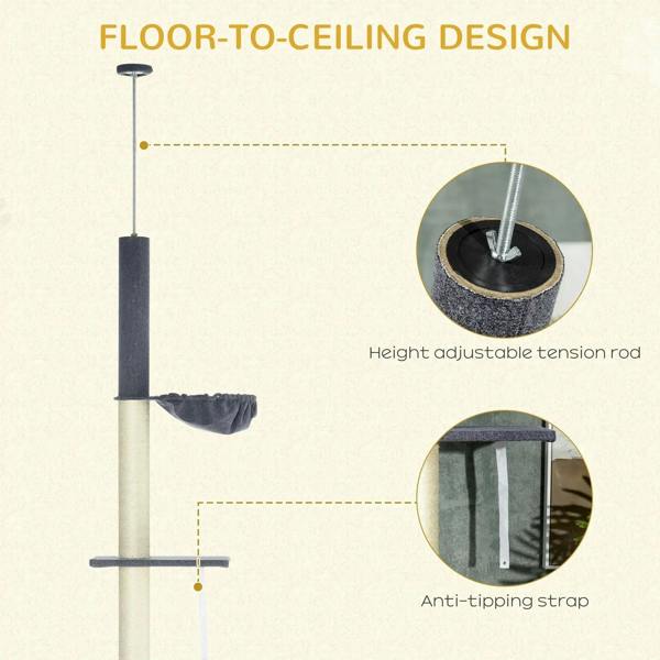 Floor-to-ceiling cat tree with adjustable tension rod and anti-tipping strap on cream posts