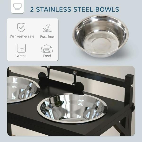 Black elevated dog bowl stand featuring two stainless steel bowls on the frame
