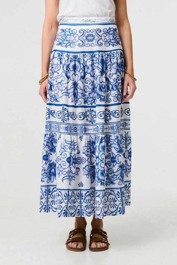Blue | Mosaic Print High Waist Tiered Maxi Skirt
