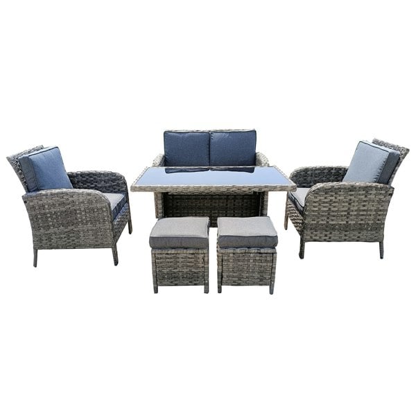 Furniture One 6 Piece Rattan Garden Furniture Outdoor Wicker Dining Table Set with Tempered Glass Top Table