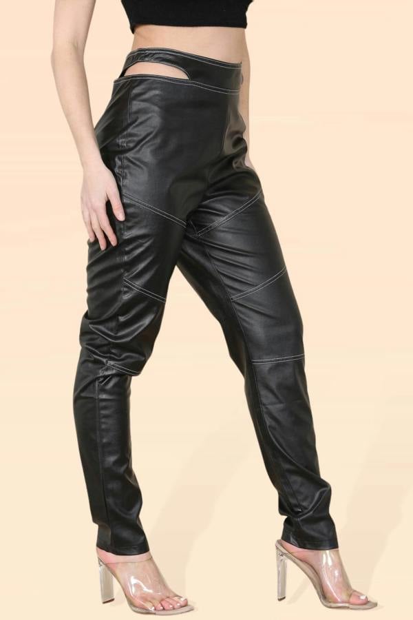 Women's Cut Out High Waist PU Biker Trousers - Sexy Leather Look Rider Pants with Elastic Waist, Modern Classic Vintage Streetwear - Elaina Fashion