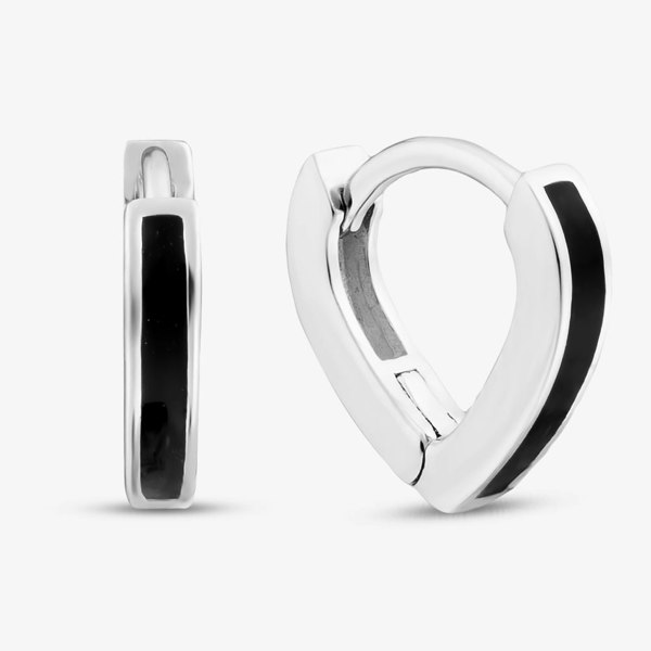 T. H. Baker Sterling Silver Rhodium Plated Black Enamel V Shape Huggie Hoop Earrings 8.51.3149