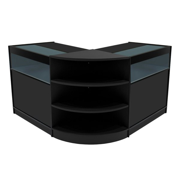 Theseus LED shop counter set in sleek black, featuring curved design, glass display tops, and multiple shelves for storage