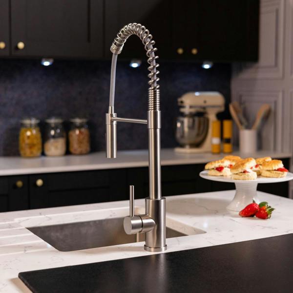 Flode Fjädra | Pull Out Kitchen Sink Mixer Tap | Spring Style Mixer Tap | Brushed Steel | Square Head