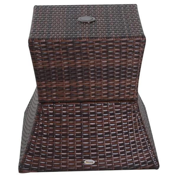 Brown rattan outdoor coffee table with umbrella hole and open storage compartment