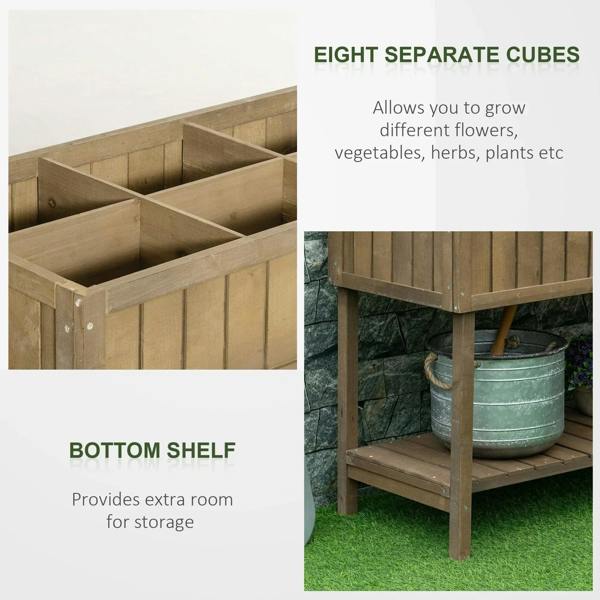 Wooden raised herb planter with eight separate cubes and a lower shelf for storage
