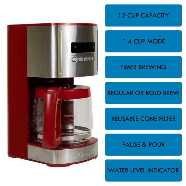 Kenmore 12-Cup Filter Coffee Machine 1.8L Programmable Timer Drip Coffee Maker Red