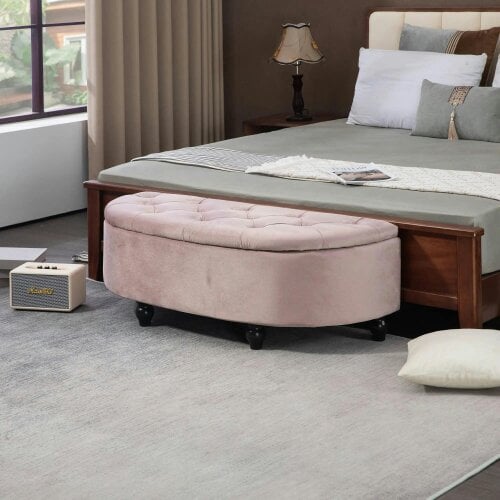 Bobobiy Semi-Circle Ottoman Storage Bench, Tufted Upholstered Window Seat Footrest Stool with Rubberwood Legs & Entryway, 120 x 46 x 42 cm, Pink