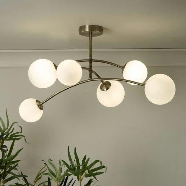 Pagazzi Lighting Ellison 6 Light Antique Brass & Frosted Glass Semi-Flush Ceiling Light