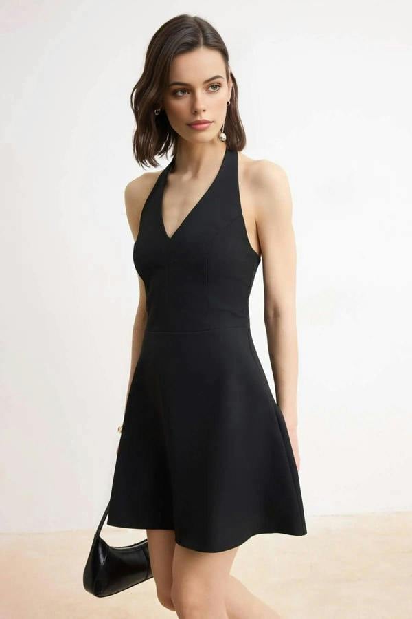 WOVCOR V-Neck Mini Stretchy Woven Dress with Ruffles