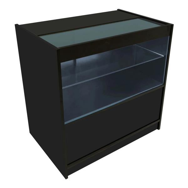 Eclipse LED Shop Counter Set in black, featuring sleek design, glass top, illuminated shelves, and modern storage solutions