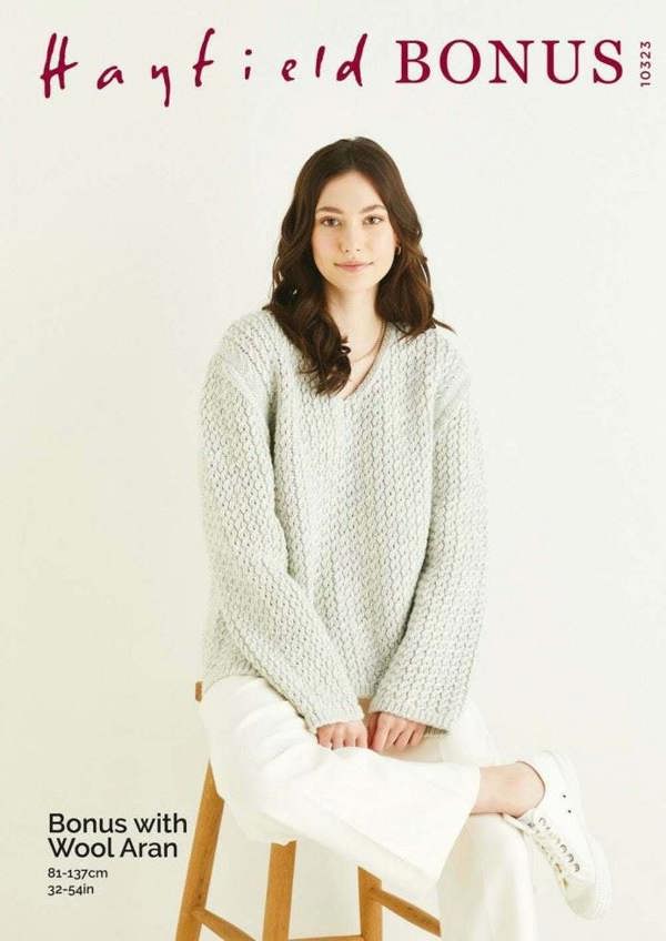 Hayfield Bonus Aran with Wool Knitting Pattern 10323, Sweaters for Women, 32 - 54 Inches