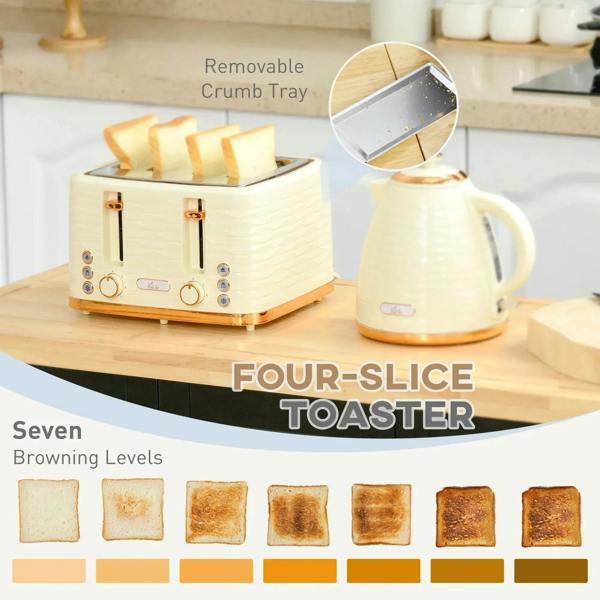 Beige 4-slice toaster with removable crumb tray shown and toast slices beside kettle