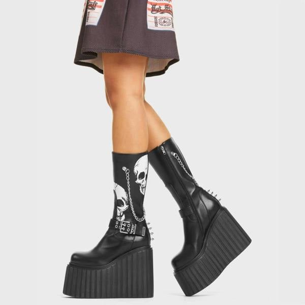 Lamoda Shivering Black PU Skull Lace-Up Ankle Boots Edgy Platform Style