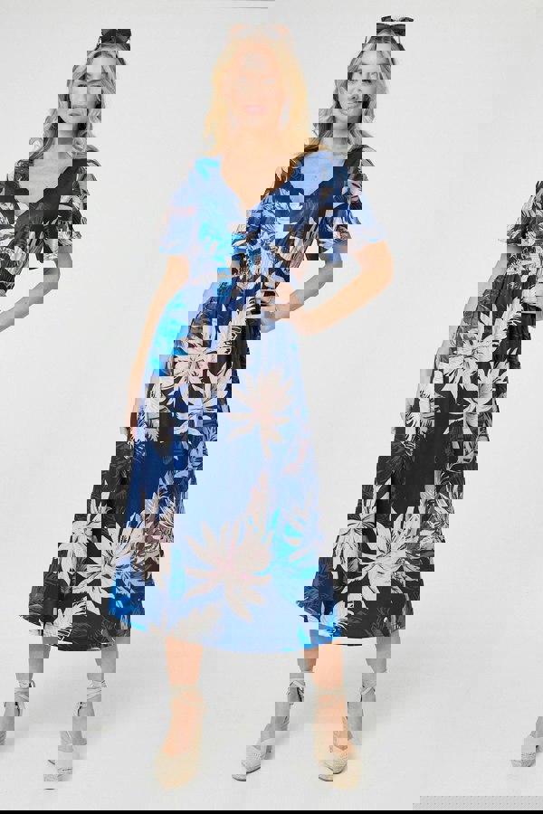 Blue | Leaf Print Empire Waist Midi Dress