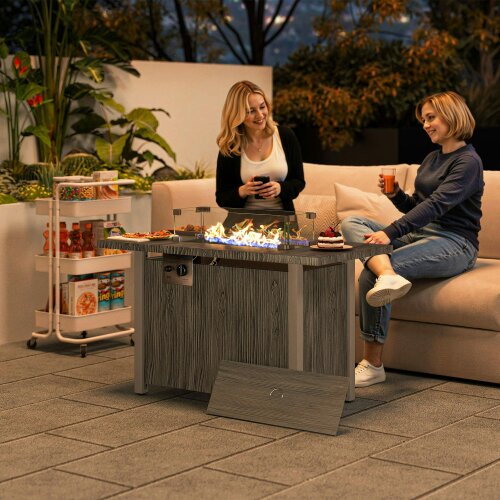 Wyld Haus Luno Rectangular Steel Dark Grey Gas Fire Pit Table With Cover And Glass Screen