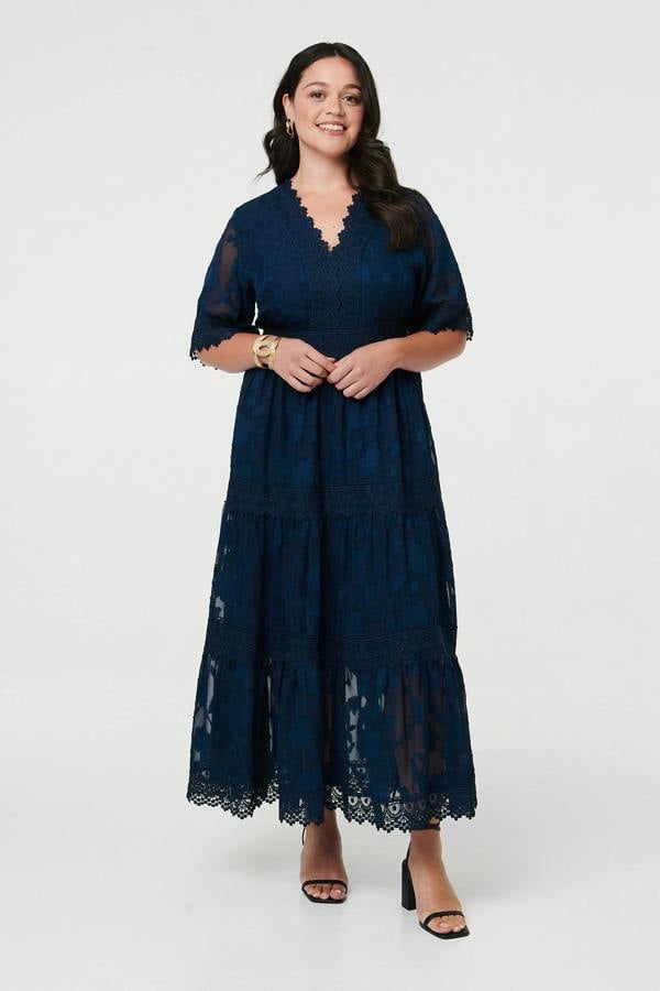 Navy | Curve Floral Lace 1/2 Sleeve Maxi Dress
