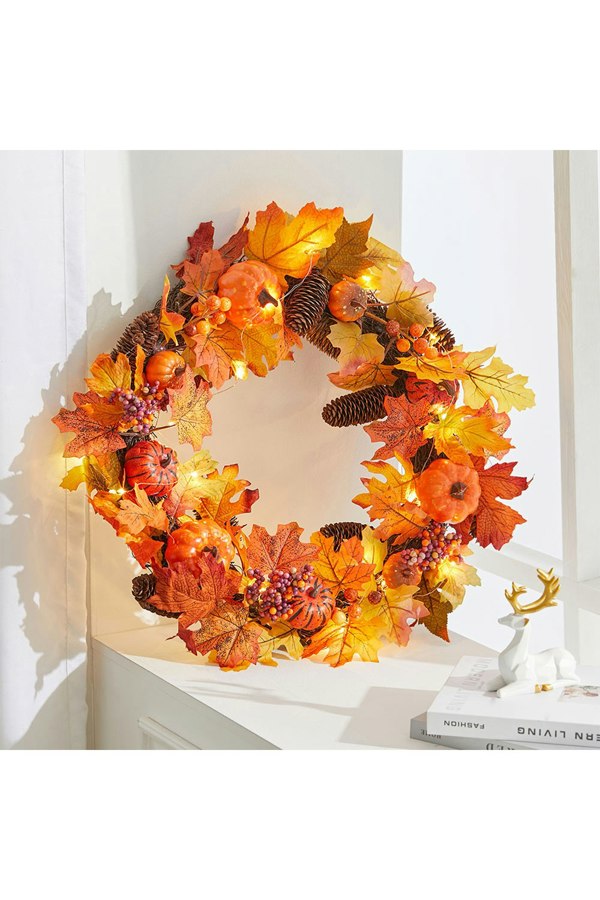 Living and Home Dia 60Cm Rustic Faux Maple Leaves Halloween Autumn Decoration with LED Lights