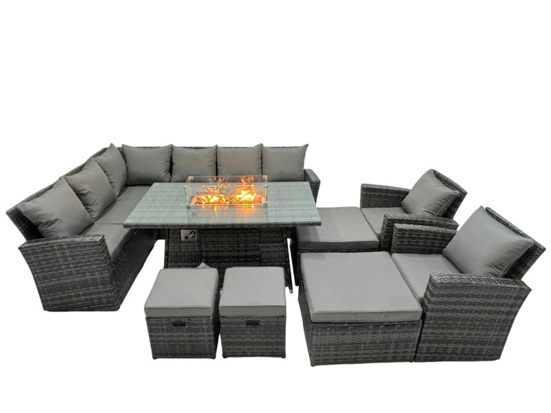 Fimous Poly Rattan Outdoor Patio Gas Firpit Dining Table Corner Sofa Set with 4 Stools 2 Chairs for Garden Backyard Dark Grey Mixed