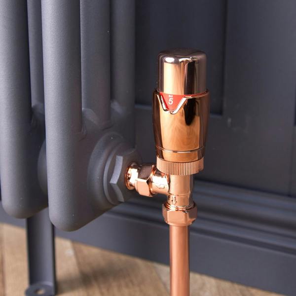 Flode Angled Thermostatic Radiator Valve Pack | 15mm x 1/2" | Copper