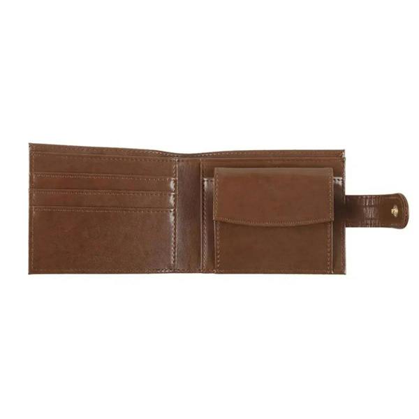 Brown faux leather wallet interior with card slots and fold-out bill section
