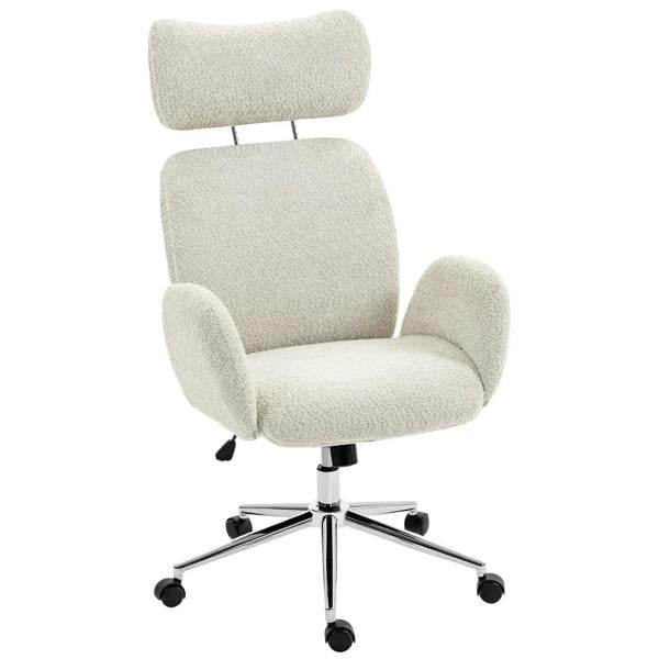 Pale grey boucle office chair with adjustable headrest, curved back, and chrome caster base