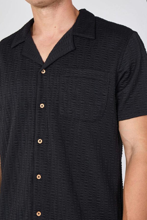 Textured Short Sleeve Revere Collar Shirt - Black