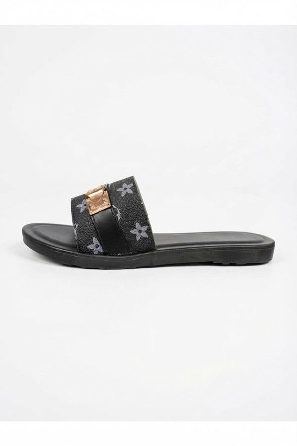 Amber Patterned Slider Sandals - Black_wb