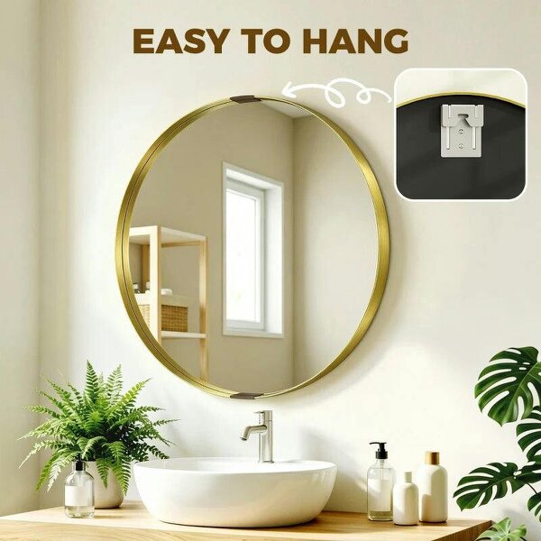 Round Wall Mirror 61 cm, Wall Mounted Bathroom Mirror with Tempered Safety Glass and Aluminium Alloy Frame, Gold Tone