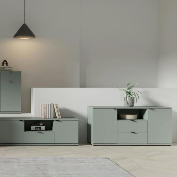 Furniture To Go Ganymede TV Unit with Open Shelf, Drawer & 2 Doors in Sage Green