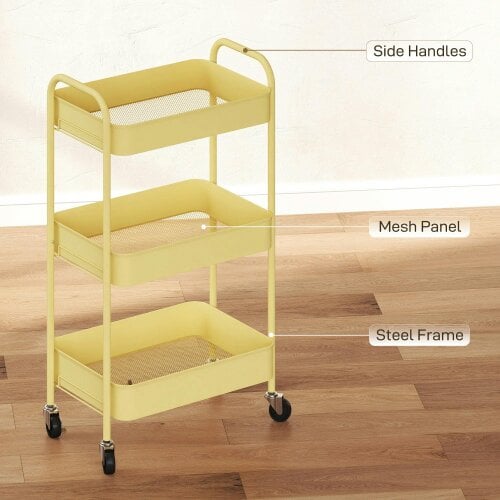 Wyld Haus Firi Metal Yellow 3 Tier Steel Storage Trolley With Wheels